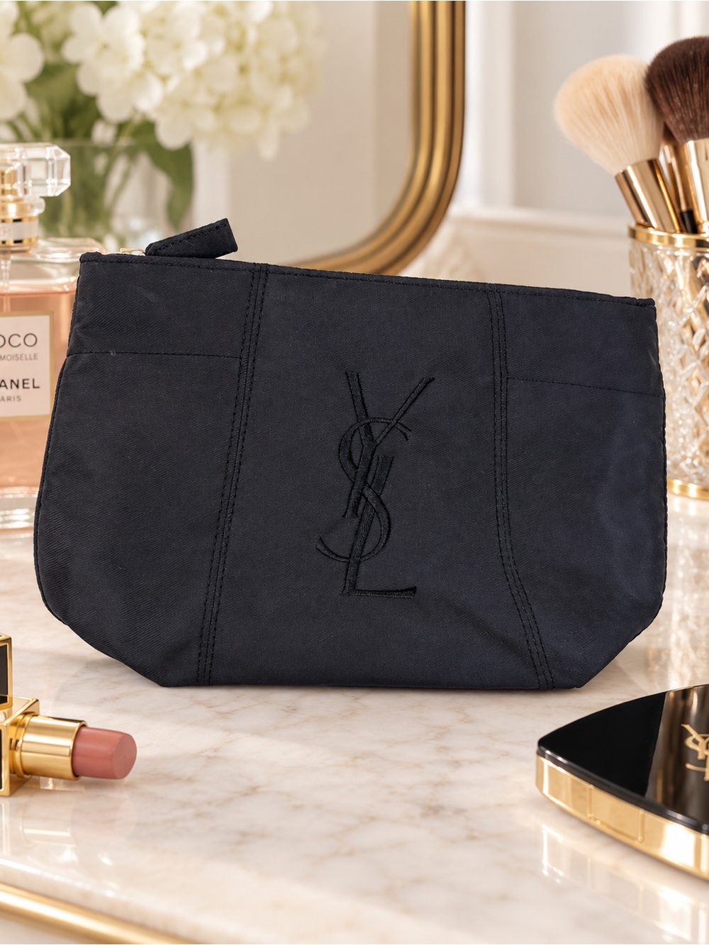 Yves Saint Laurent Black Embroidered YSL Toiletry Pouch
